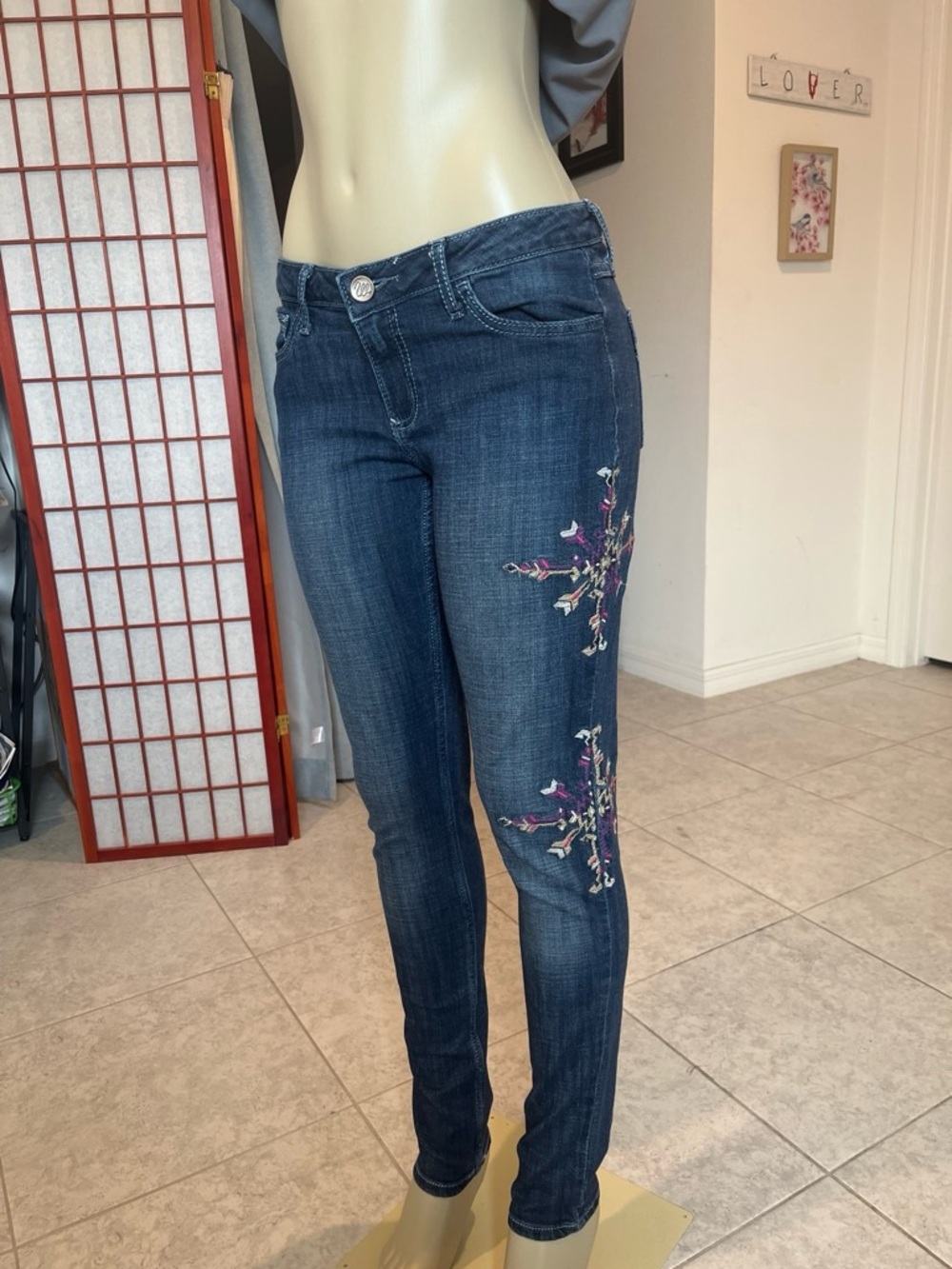 Dark Blue Women's Skinny Jeans with Embroidery